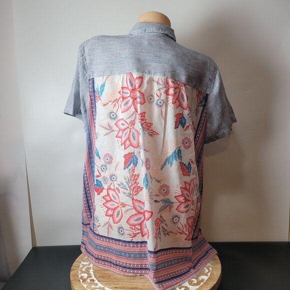 J.Jill Womens Striped Linen Blend Button-Up Short Sleeve Shirt With Floral & Geo - Picture 9 of 16